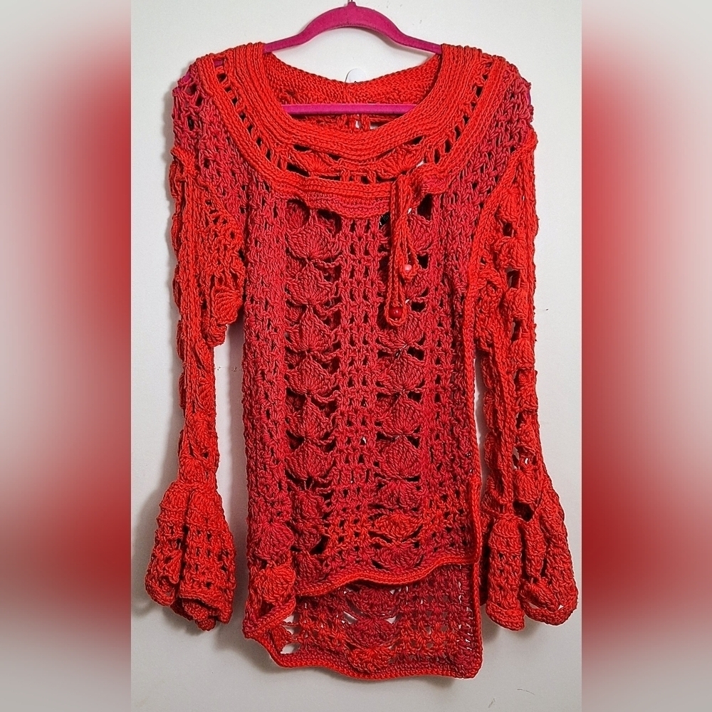 NWT Boho Embossed Crochet  Assymetrical Cover-Up/Tunic With Bell Sleeves